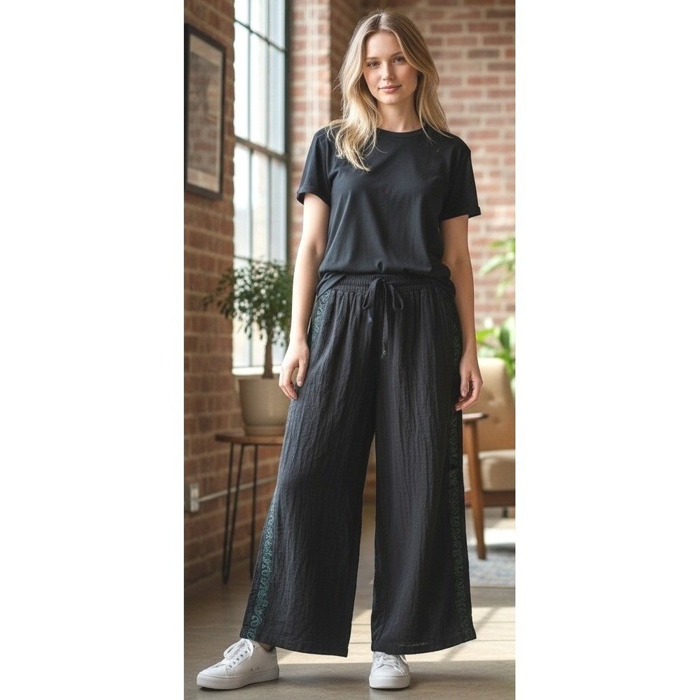 Disturbia Black Cotton Wide Leg Pants S Embroidered Goth Whimsigoth Trouser Boho